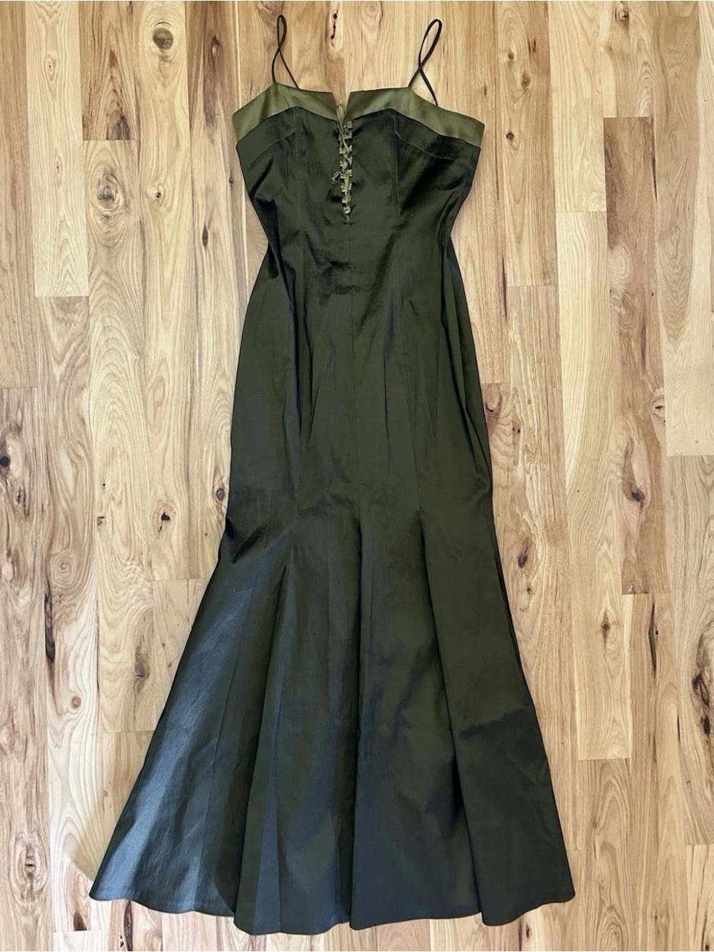 Vintage B-B Moden 90s Dark Olive Green Mermaid Gown, Lace Up Corset Bodice